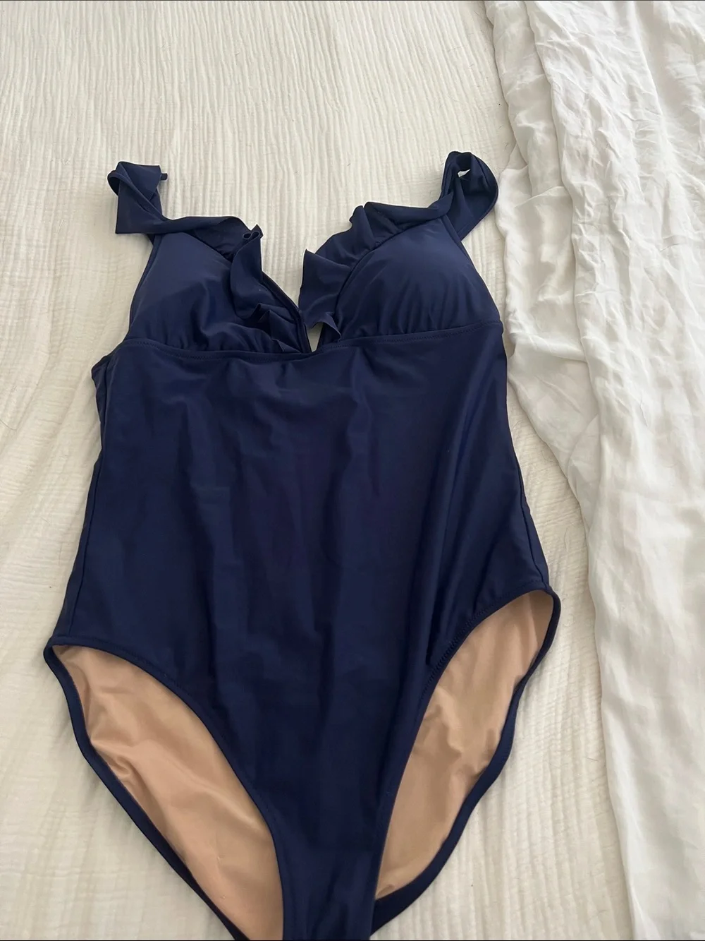 J Crew Navy Blue One-Piece Swimsuit with Ruffle Straps